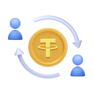 Schematic diagram of Peer-to-peer Payments, Two simplified people with two arrows pointing to each other, indicating peer-to-peer (P2P) payment between two people. There is also a USDT coin in the picture