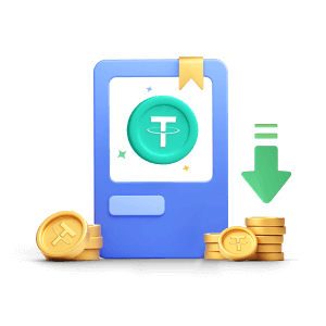 Schematic diagram of the Lowest fees, with some USDT coins stacked up and an arrow pointing downward to indicate low fees