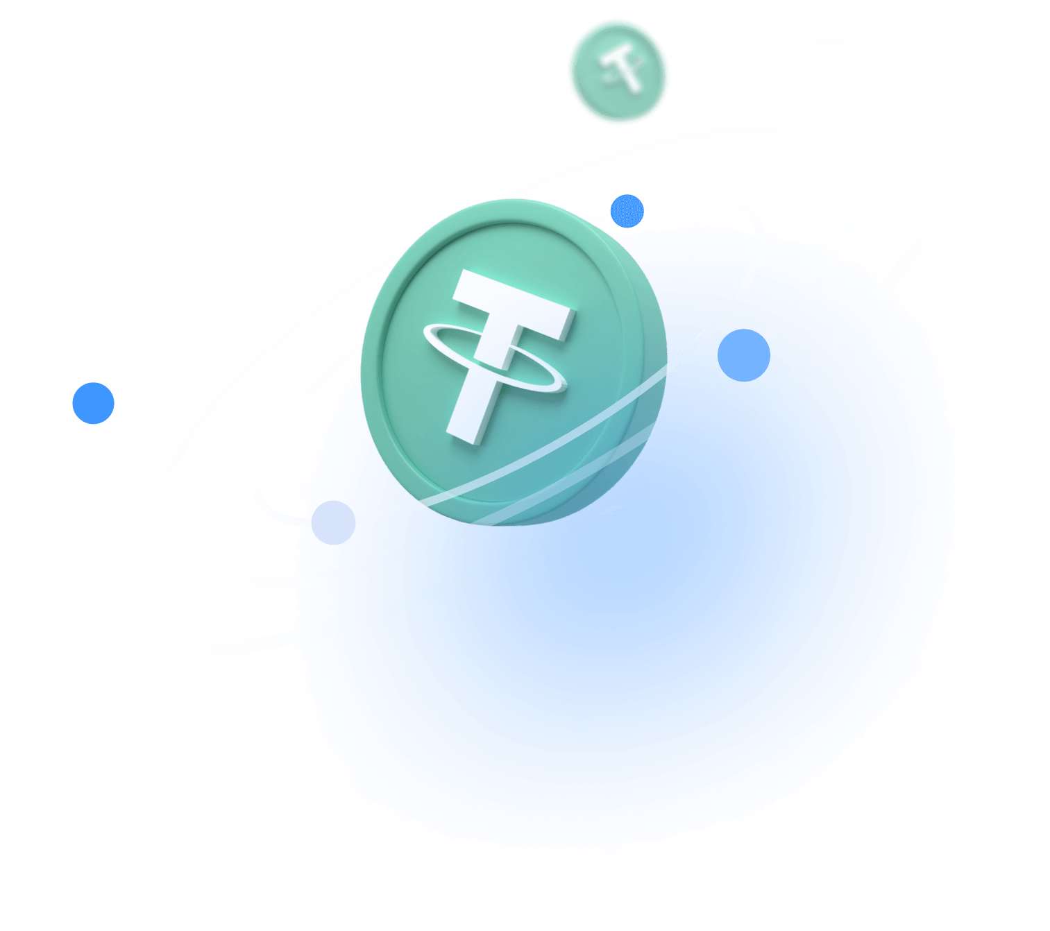 Peer-to-peer USDT payment illustration, with a large USDT coin in the middle