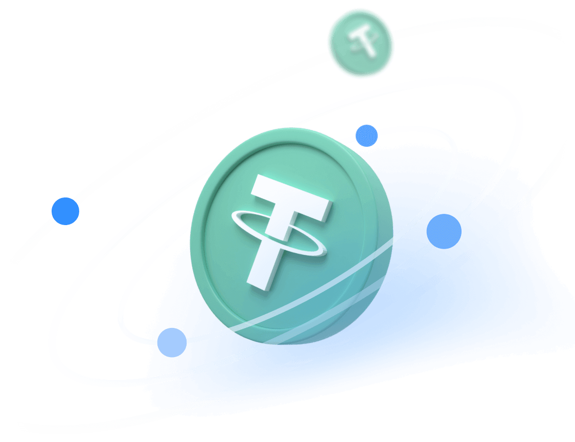 Peer-to-peer USDT payment illustration, with a large USDT coin in the middle