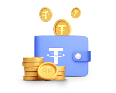 Schematic diagram of the Complete, In the diagram, many USDT coins are flying into a wallet