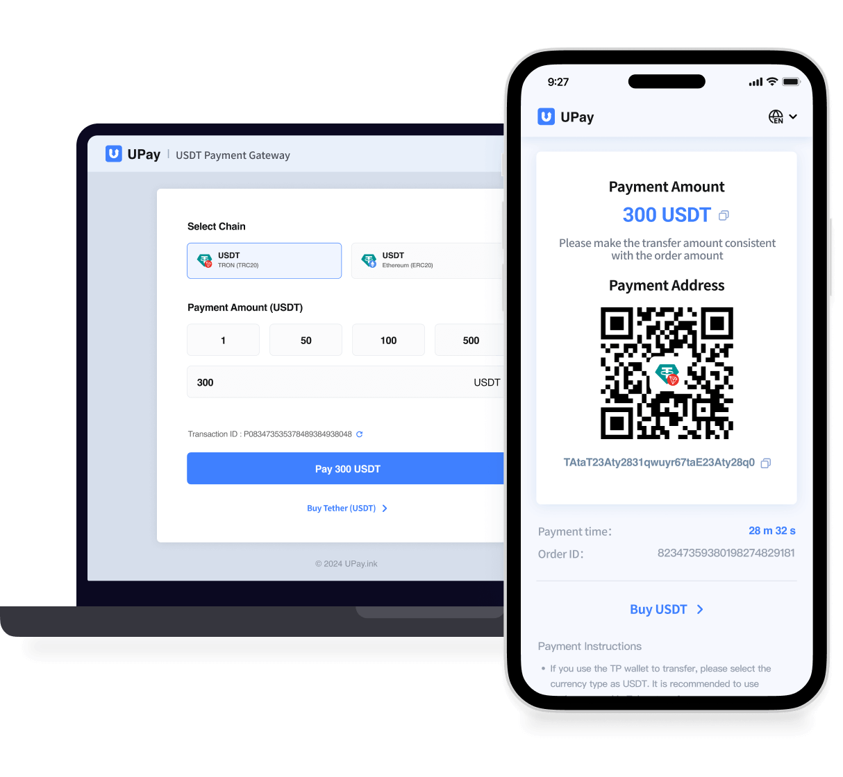 Screenshots showing UPay payment page on PC and mobile