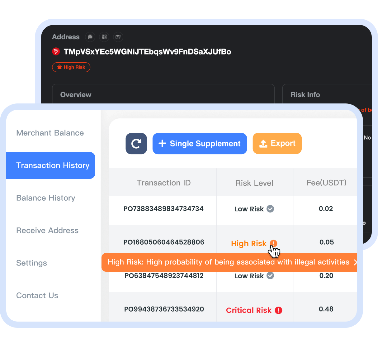 Screenshot of the USDT risk control system on the UPay platform, which shows the risk level of the payment address and a screenshot of the page showing how to click on the risk level to view the risk details of the payment address